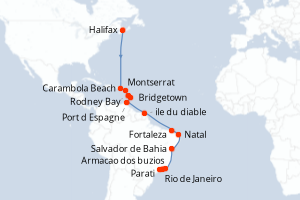 Carte de l'itinéraire de croisière Halifax-Rio de Janeiro d'une durée de 24 jours