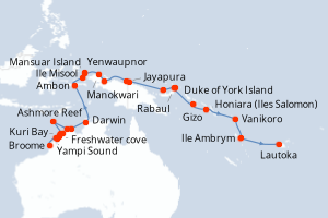 Carte itinéraire croisière Australie, Indonésie, Papouasie-Nouvelle-Guinée, Îles Salomon, Vanuatu, Fidji (Îles) - 32 jours au départ de Broome - Australie Nouvelle Zélande
