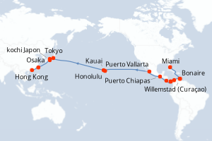 carte itinéraire croisière Asie 46 jours au départ du port de Miami
