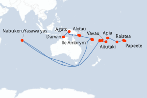 Carte de l'itinéraire de croisière Papeete-Darwin d'une durée de 27 jours