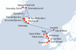 Carte de l'itinéraire de croisière Dublin-Reykjavik d'une durée de 20 jours