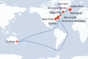 carte itinéraire croisière Amérique du Nord 22 jours au départ du port de Reykjavik