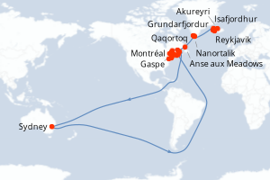 Carte de l'itinéraire de croisière Reykjavik-Montréal d'une durée de 34 jours