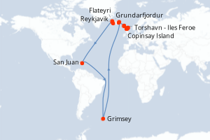 Carte de l'itinéraire de croisière Reykjavik-Greenwich d'une durée de 14 jours