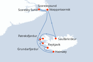 Carte de l'itinéraire de croisière Reykjavik-Reykjavik d'une durée de 10 jours
