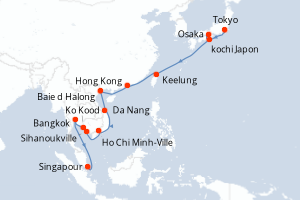 carte itinéraire croisière Asie 22 jours au départ du port de Tokyo