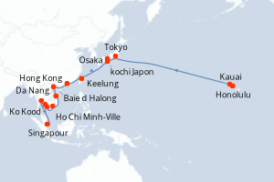 carte itinéraire croisière Asie 33 jours au départ du port de Honolulu