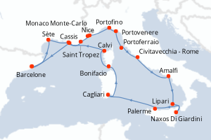 carte itinéraire croisière Sicile 19 jours au départ du port de Barcelone