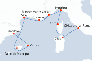 carte itinéraire croisière Sardaigne 10 jours au départ du port de Barcelone