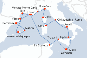 carte itinéraire croisière Sicile 20 jours au départ du port de Barcelone