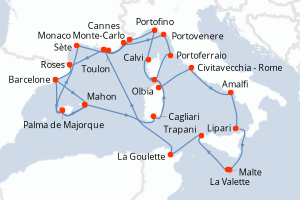 carte itinéraire croisière Sicile 30 jours au départ du port de Barcelone