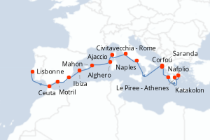 carte itinéraire croisière Atlantique 16 jours au départ du port de Le Piree - Athenes