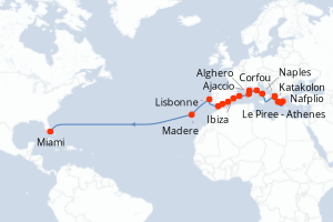 carte itinéraire croisière Transatlantique 28 jours au départ du port de Le Piree - Athenes