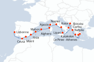 carte itinéraire croisière Atlantique 18 jours au départ du port de Le Piree - Athenes
