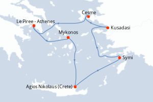 carte itinéraire croisière Méditerranée 7 jours au départ du port de Le Piree - Athenes