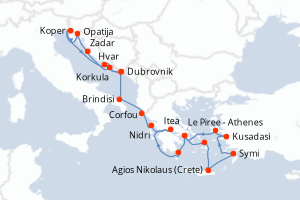 carte itinéraire croisière Adriatique 21 jours au départ du port de Le Piree - Athenes