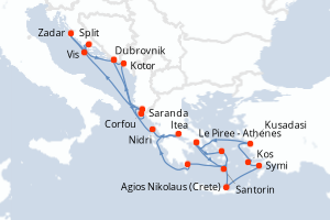 carte itinéraire croisière Adriatique 21 jours au départ du port de Le Piree - Athenes