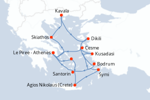 Carte de l'itinéraire de croisière Le Piree - Athenes-Le Piree - Athenes d'une durée de 14 jours