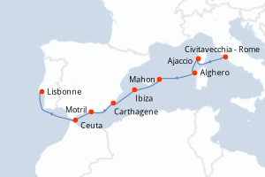 carte itinéraire croisière Atlantique 9 jours au départ du port de Civitavecchia - Rome