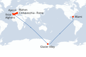 carte itinéraire croisière Transatlantique 21 jours au départ du port de Civitavecchia - Rome