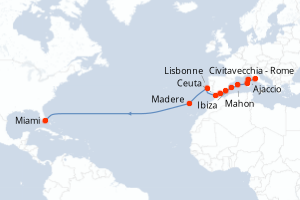 carte itinéraire croisière Transatlantique 21 jours au départ du port de Civitavecchia - Rome