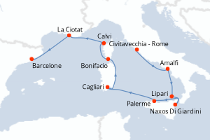 carte itinéraire croisière Sicile 9 jours au départ du port de Civitavecchia - Rome