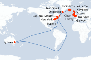 Carte itinéraire croisière Royaume-Uni, Irlande, Féroé (Îles), Islande, Gröenland, Canada, Australie, États-Unis - 36 jours au départ de Douvres - Transatlantique