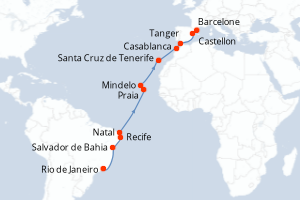carte itinéraire croisière Transatlantique 21 jours au départ du port de Rio de Janeiro