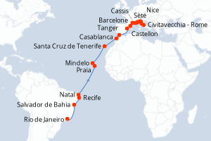 carte itinéraire croisière Transatlantique 31 jours au départ du port de Rio de Janeiro