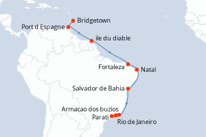 carte itinéraire croisière Amérique du Sud 16 jours au départ du port de Bridgetown