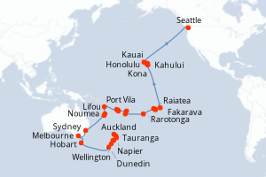 carte itinéraire croisière Alaska 50 jours au départ du port de Auckland