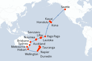 carte itinéraire croisière Alaska 43 jours au départ du port de Auckland
