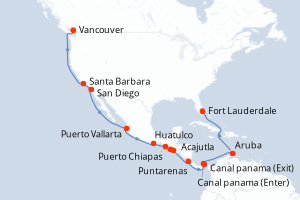 carte itinéraire croisière Transatlantique 21 jours au départ du port de Vancouver