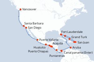 carte itinéraire croisière Transatlantique 28 jours au départ du port de Vancouver