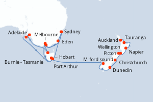 Carte de l'itinéraire de croisière Sydney-Auckland d'une durée de 28 jours