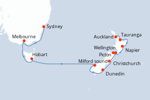 Carte de l'itinéraire de croisière Sydney-Auckland d'une durée de 14 jours