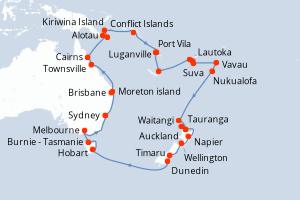 carte itinéraire croisière Australie Nouvelle Zélande 42 jours au départ du port de Sydney
