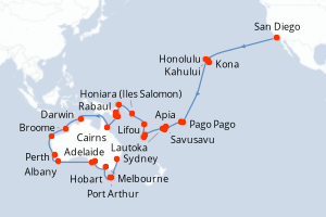 Carte de l'itinéraire de croisière San Diego-Sydney d'une durée de 60 jours