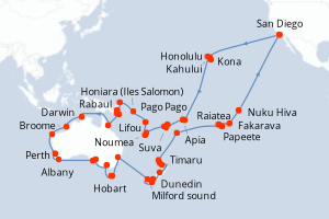 Carte de l'itinéraire de croisière San Diego-San Diego d'une durée de 93 jours