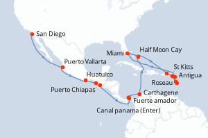 Carte de l'itinéraire de croisière San Diego-Miami d'une durée de 26 jours