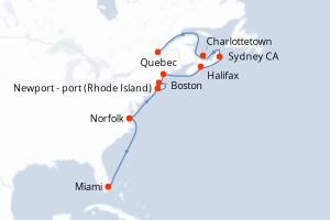 Carte de l'itinéraire de croisière Miami-Quebec d'une durée de 14 jours