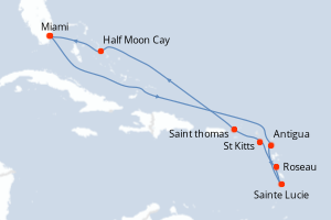 Carte de l'itinéraire de croisière Miami-Miami d'une durée de 11 jours