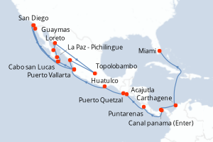 Carte de l'itinéraire de croisière Miami-San Diego d'une durée de 27 jours