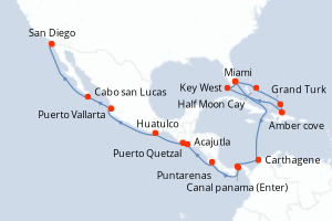 carte itinéraire croisière Amérique du Nord 22 jours au départ du port de Miami