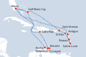 Carte de l'itinéraire de croisière Miami-Miami d'une durée de 21 jours