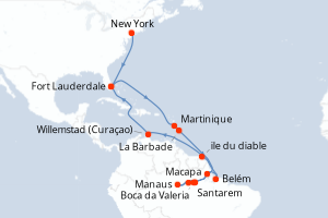 Carte de l'itinéraire de croisière New York-Fort Lauderdale d'une durée de 30 jours