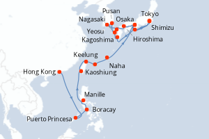 carte itinéraire croisière Asie 28 jours au départ du port de Hong Kong