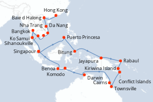 carte itinéraire croisière Asie 42 jours au départ du port de Hong Kong