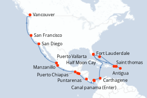 carte itinéraire croisière Transatlantique 31 jours au départ du port de Fort Lauderdale