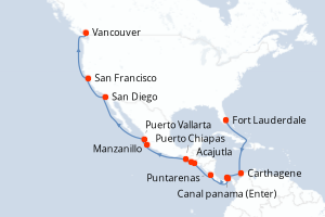carte itinéraire croisière Transatlantique 22 jours au départ du port de Fort Lauderdale